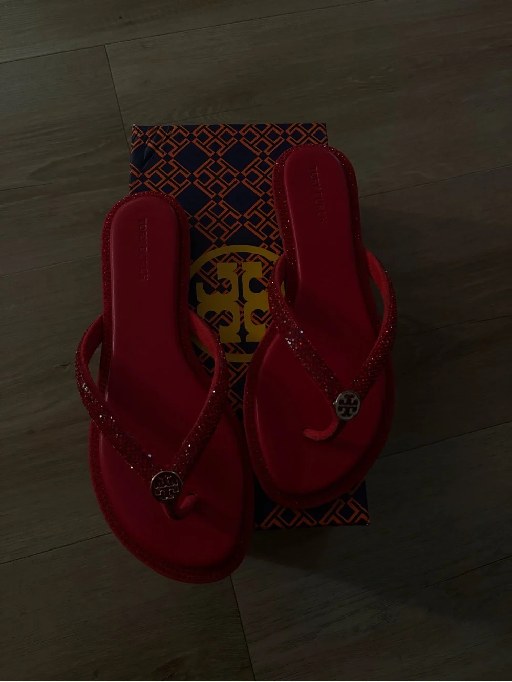 Tory Burch Red Glitter Thong Sandals with Logo Medallion